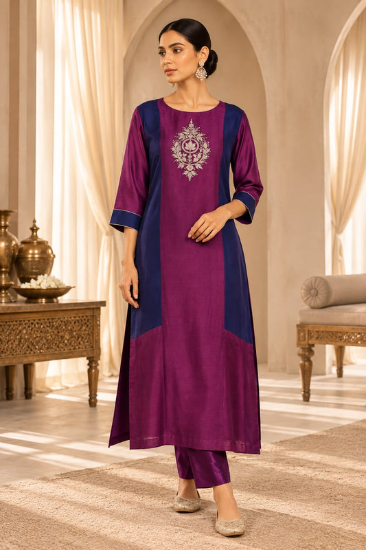 Purple and navy blue kurti with purple pant