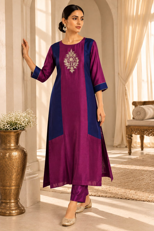 Purple and navy blue kurti with purple pant