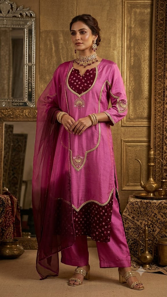 Lilac & purple Bandhani Hand Embroidery Kurti with Lilac Pant