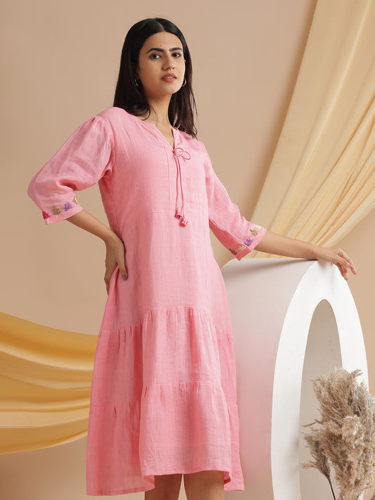 Blush pink organic hand woven linen hand embroidered midi dress