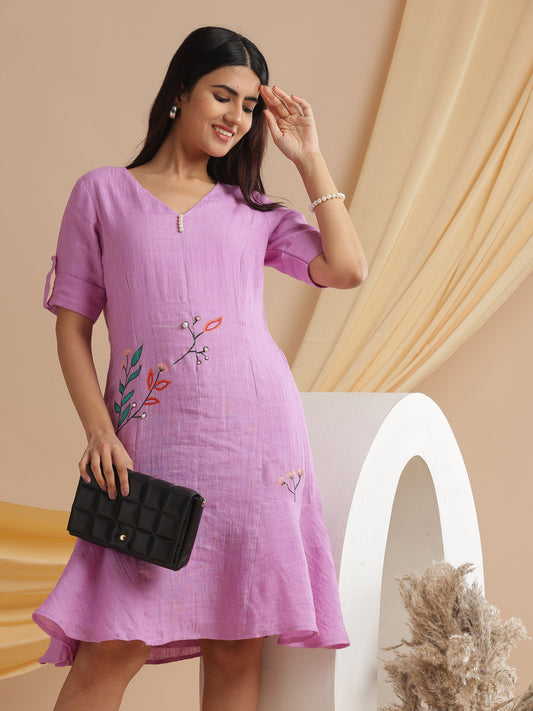 Organic hand woven linen hand painted midi dress in lilac bloom