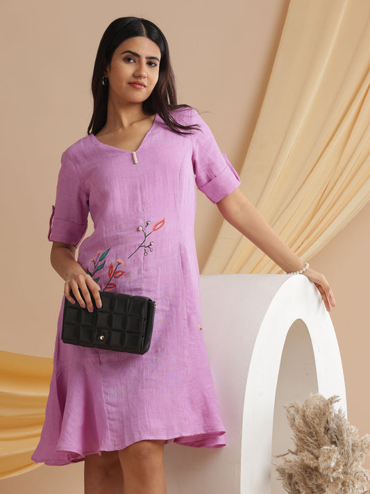 Organic hand woven linen hand painted midi dress in lilac bloom