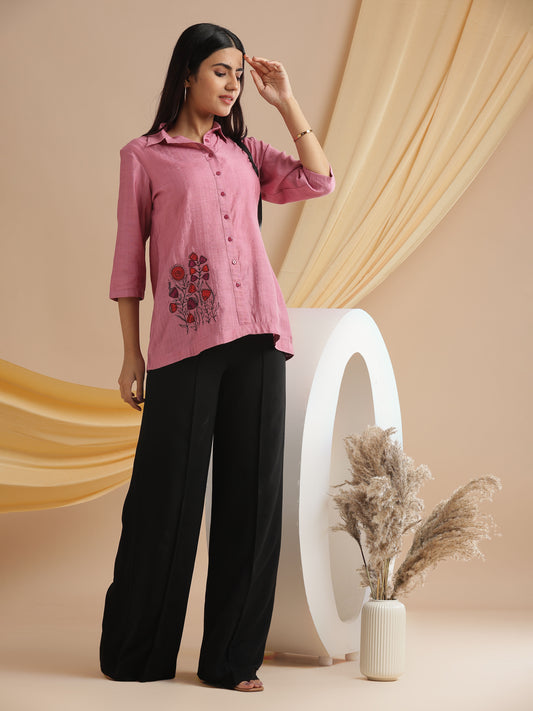 Floral Machine Embroidery Shirt in Pink Poly Viscose