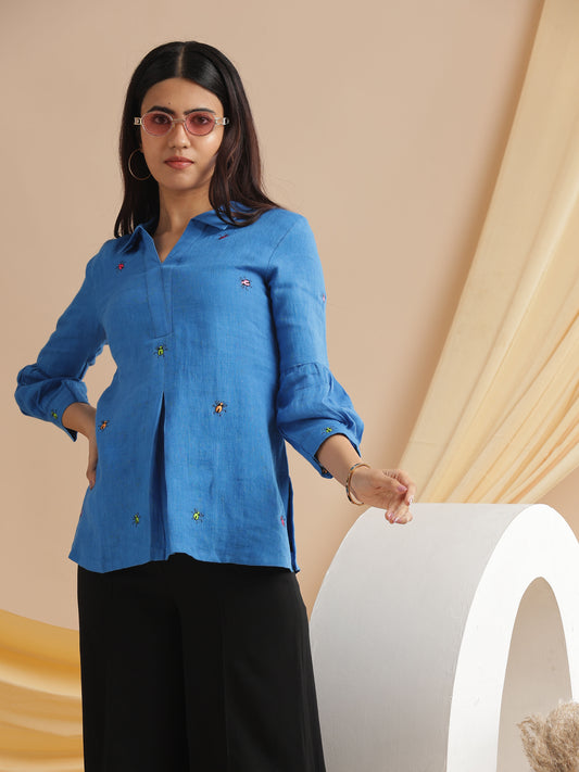 Royal Blue Organic Handwoven Linen Top with Multi Coloured Embroidery