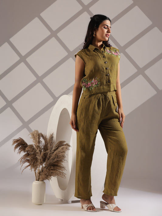 Linen hand painted co-ord set in olive green