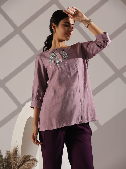Dusty Mauve Viscose Hand-Painted Leaf Design Shirt