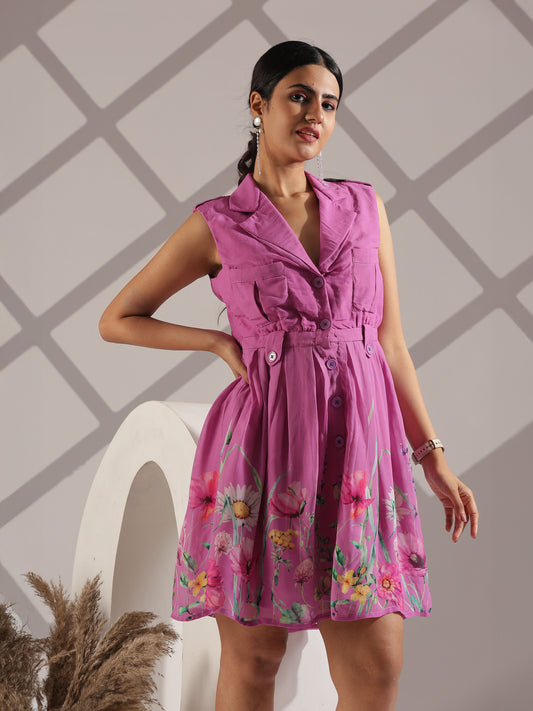 Cotton Georgette Shirt-Style Dress In Orchid Purple With Multicolour Floral Print