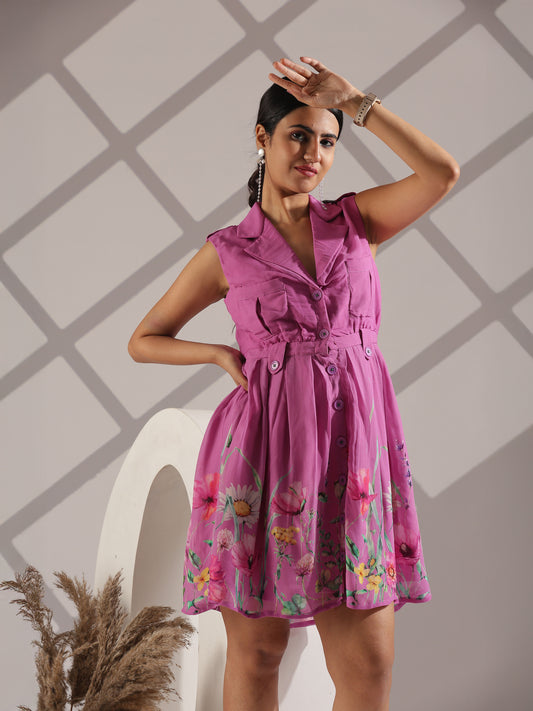 Cotton Georgette Shirt-Style Dress In Orchid Purple With Multicolour Floral Print
