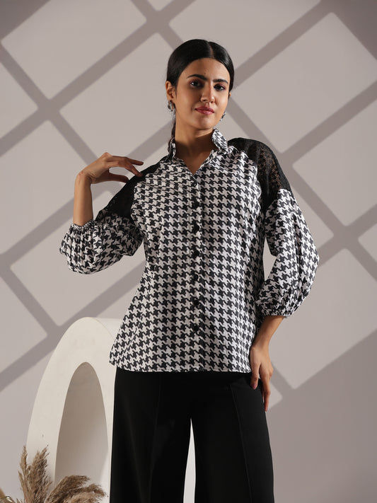 Monochrome houndstooth in black &white shirt with sheer panel poly
