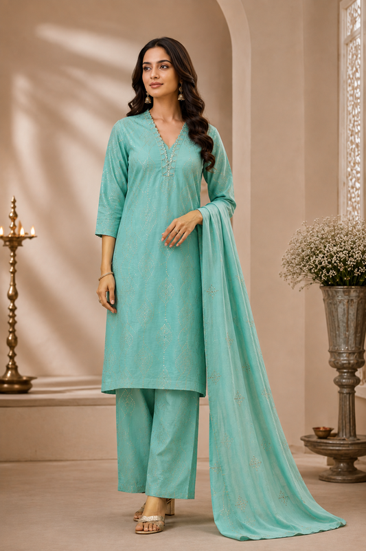 Sea Green Foil Work Mal Chanderi Kurta & Pant Set