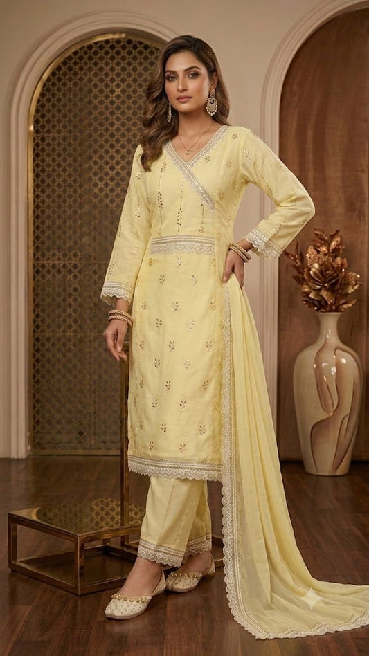 Pastel Yellow Foil Work Mal Chanderi Kurti Set