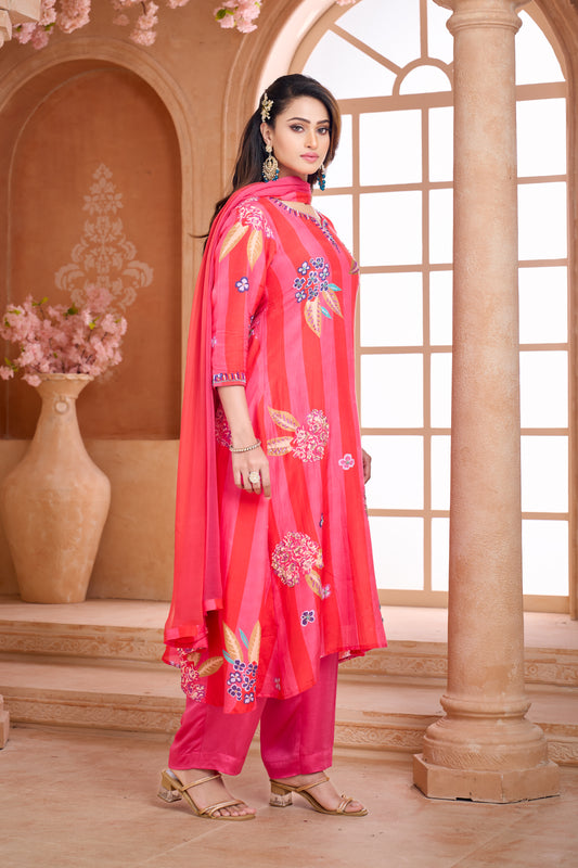 Pink floral hand-embroidered 3- piece kurta set
