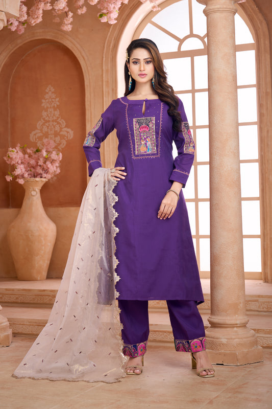 Purple patch work kurta with pant & tissue organza dupatta set