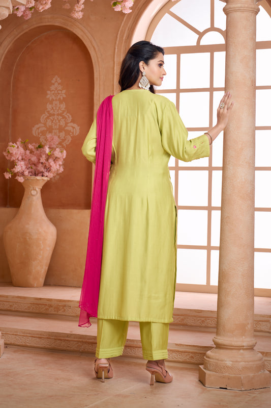 Lime green embroidered kurta set with contrast dupatta
