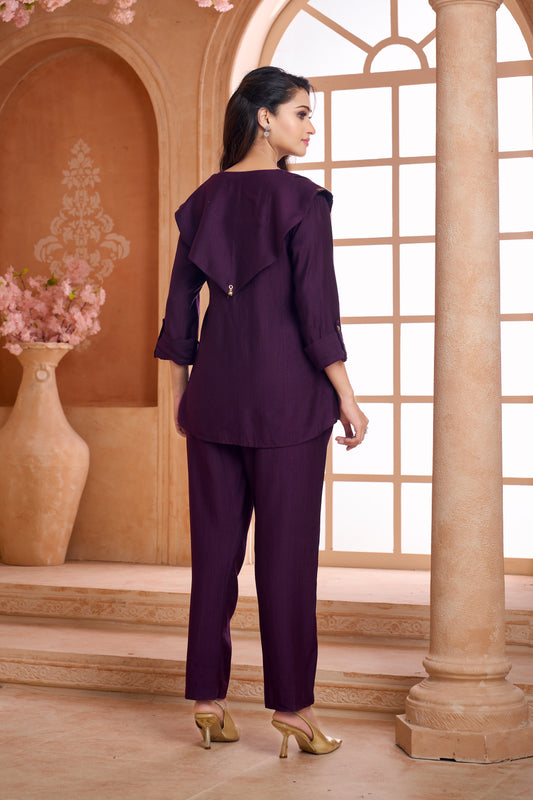 Deep purple co-ord set with hand-work in viscose