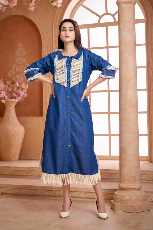 Denim & jute dress midi with fringe tassle lace