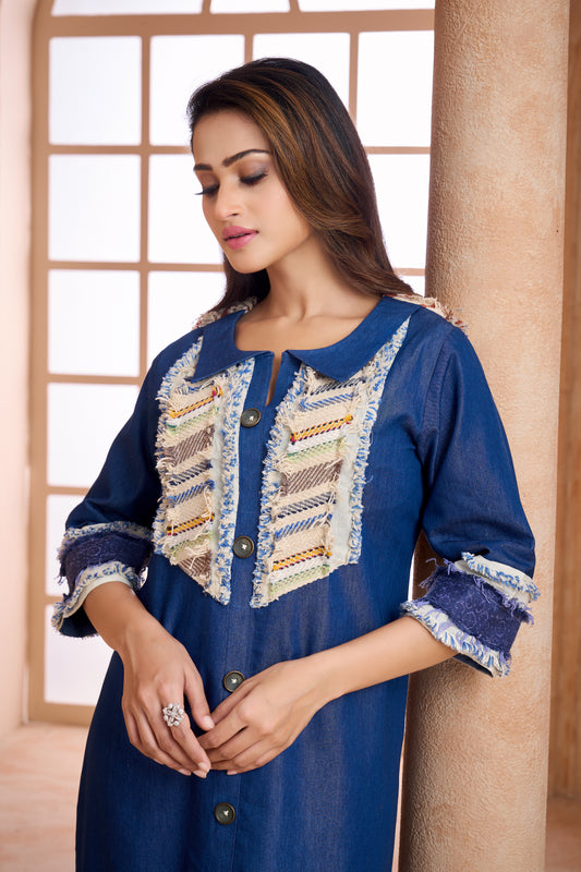 Denim & jute dress midi with fringe tassle lace