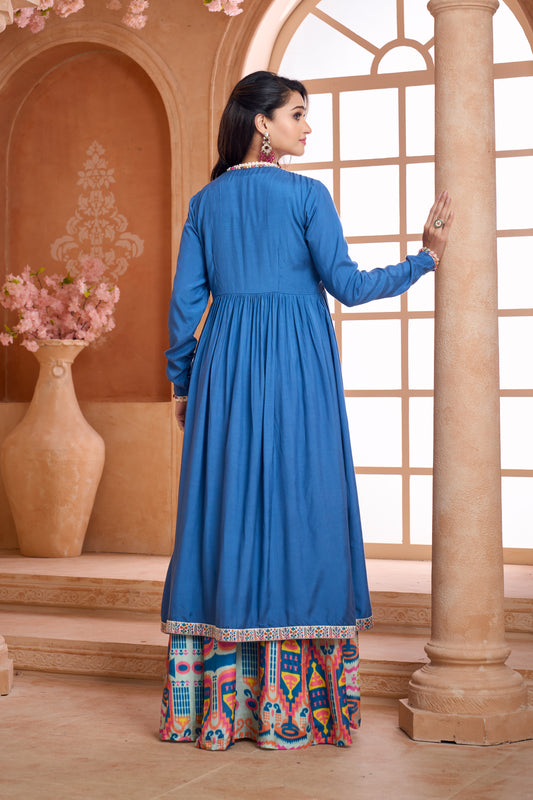 Blue cotton silk jacket with embroidered printed muslin gown