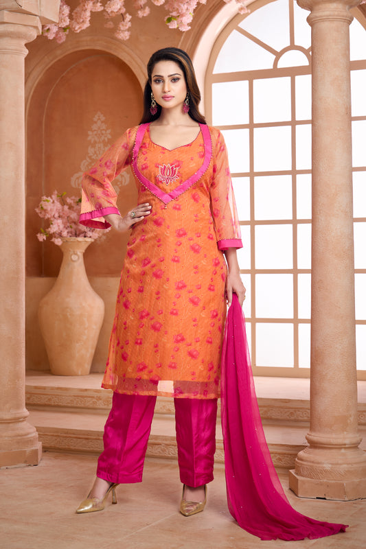 Orange & Pink embroidered 4-piece set with chiffon dupatta