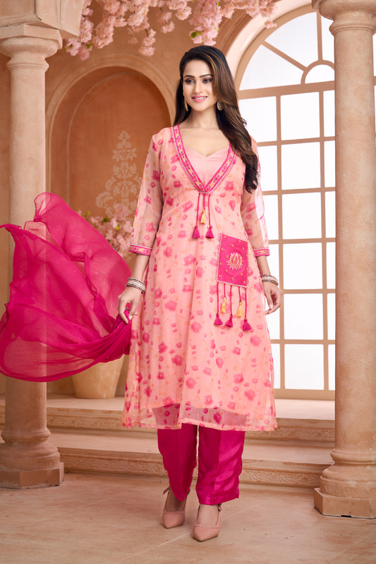 Peach pink lotus motif kurta set with dupatta