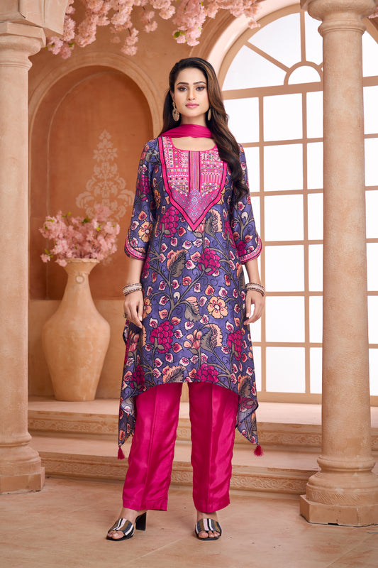 Multicolor floral greyish purple kurta set with pink pant and matching dupatta in muslin