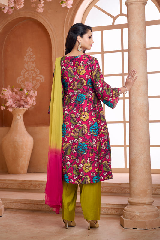 Magenta pink floral hand-embroidered kurta & olive green farshi shalwar with  ombre dupatta