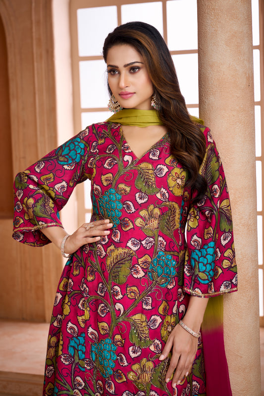 Magenta pink floral hand-embroidered kurta & olive green farshi shalwar with  ombre dupatta