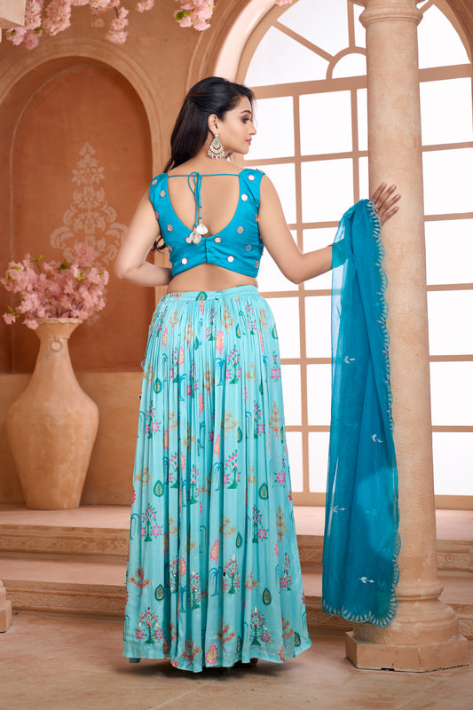 Aqua blue lehenga set handwork with organza dupatta