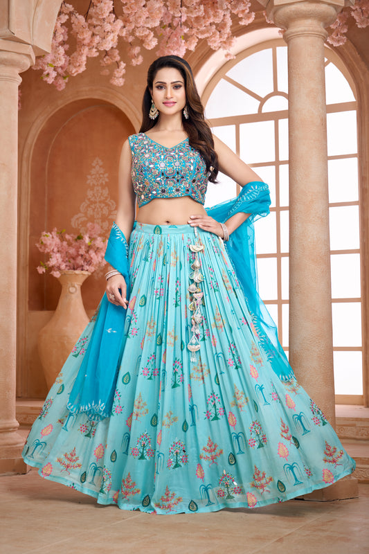 Aqua blue lehenga set handwork with organza dupatta
