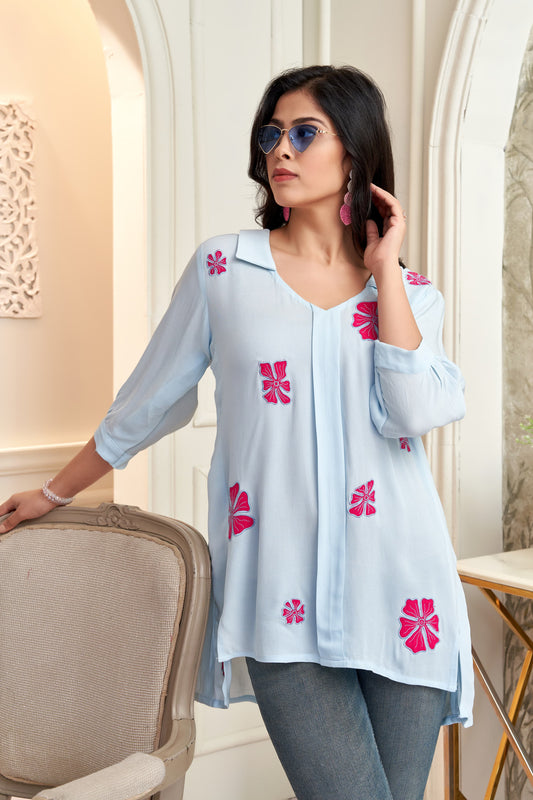 Pastel Blue in Double Georgette Embroidered Top