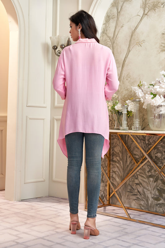 Blush Pink Asymmetric Double Georgette Top with Satin Placket