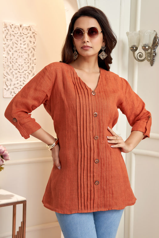 Rust Orange Handwoven Organic Linen Button-down Top