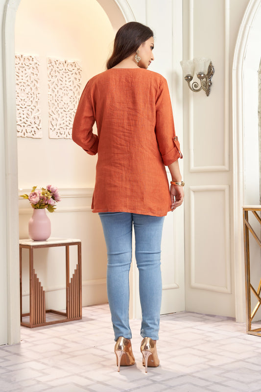 Rust Orange Handwoven Organic Linen Button-down Top