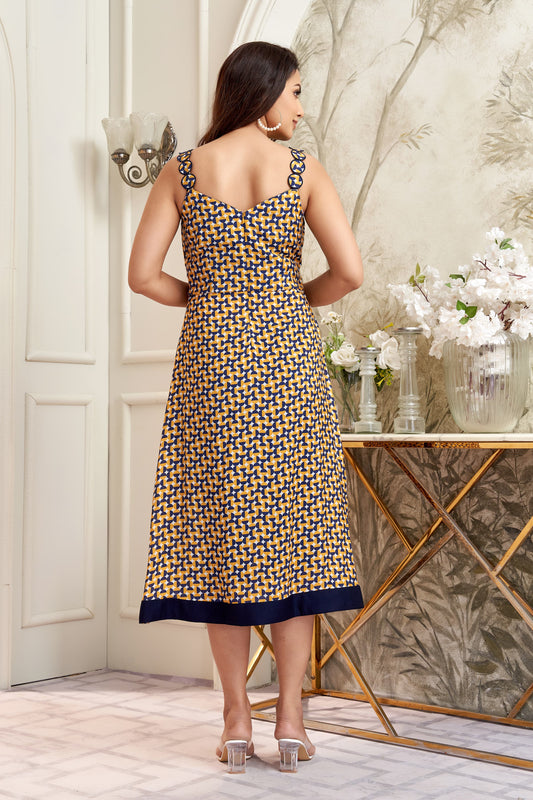 Elegant Printed Muslin Midi Dress