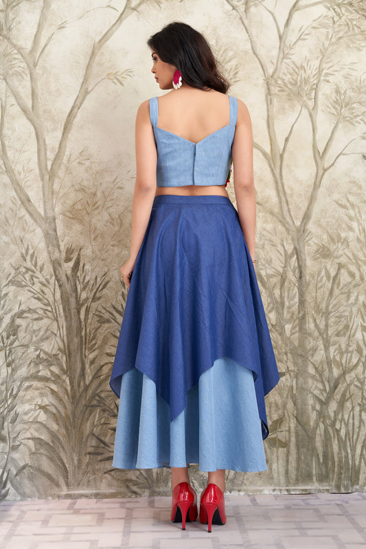 Multicolor 3D Floral Crop Top with Layered Denim Skirt Set