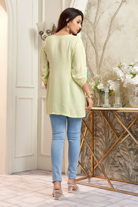 Pastel Lemon Wrap-style Top with Contrast Bow Detailing