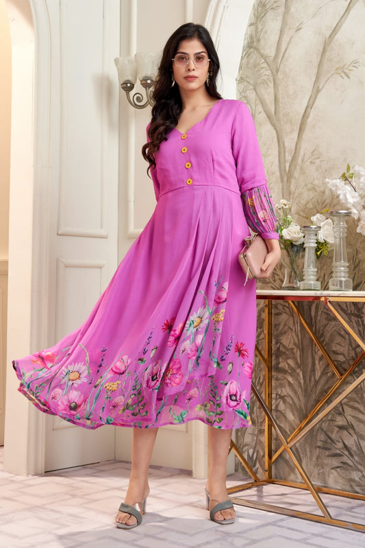 Cotton georgette flared midi dress in orchid purple with multicolour floral print