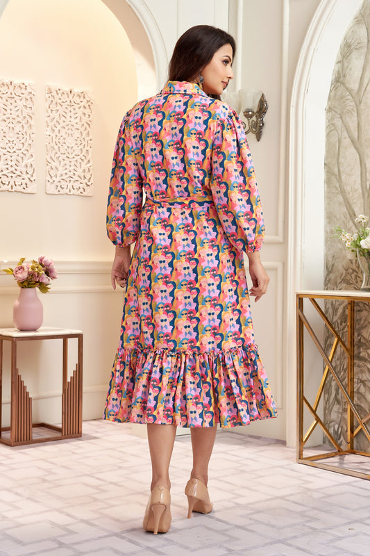 Artistic Face Print Ruffle Shirt Dress