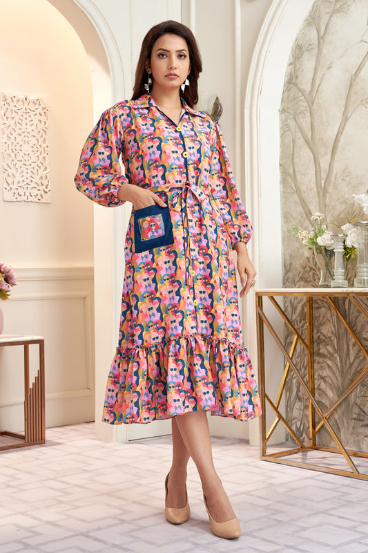 Artistic Face Print Ruffle Shirt Dress