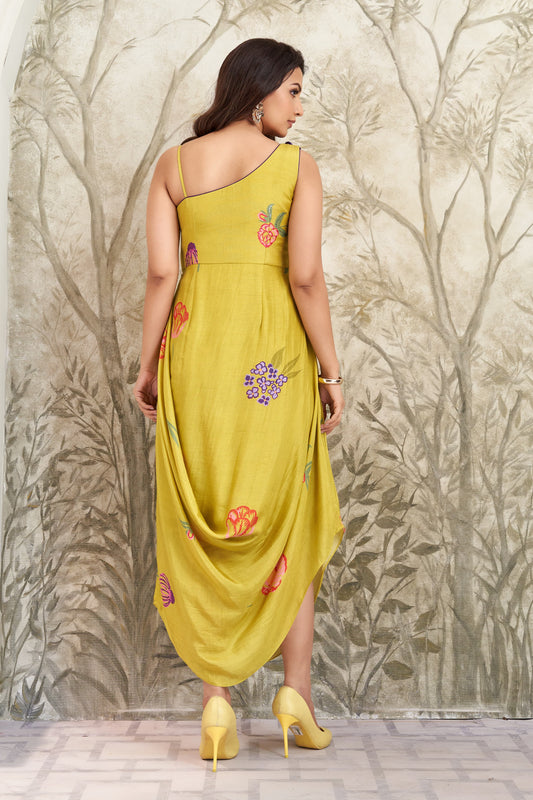 Draped Fluorescent Green Dress with 3D Flower Jacket