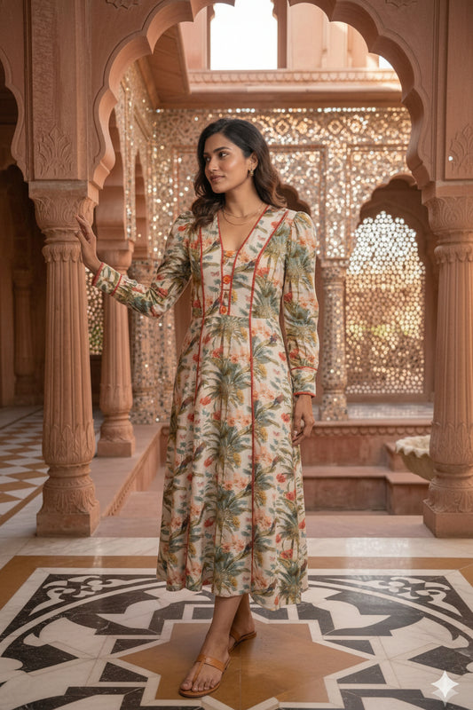Green animal & floral print midi dress