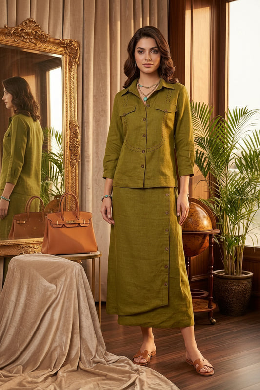 Olive green co-ord set with wooden buttons