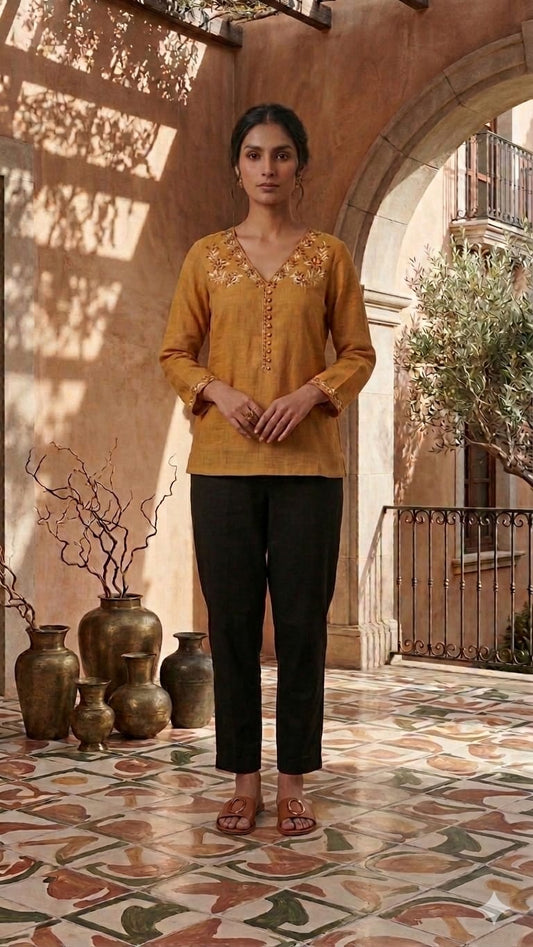 Mustard linen tunic tops with machine embroidery.