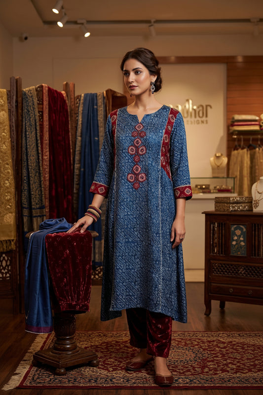 Indigo and maroon printed modal silk ajrakh print kurti set with pant.