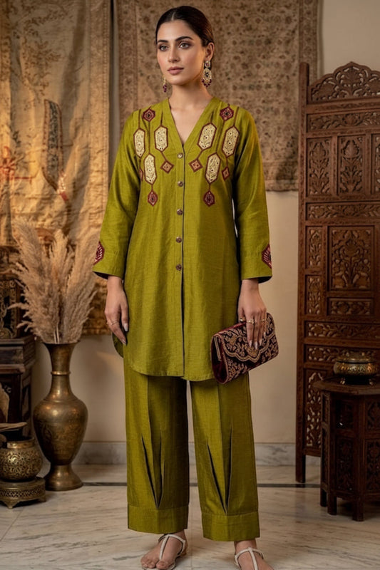 Olive green poly viscose co-ord set with machine embroidery patchwork and wooden button