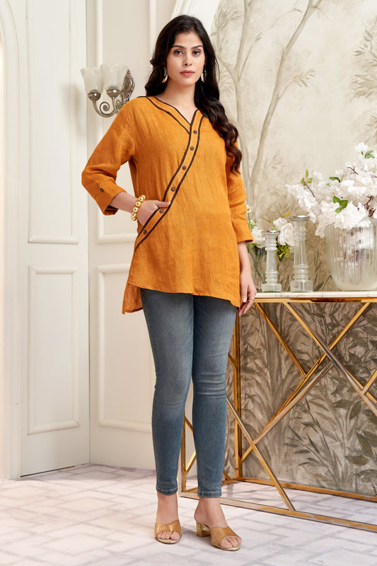 Hand woven linen tunic-top mustard yellow