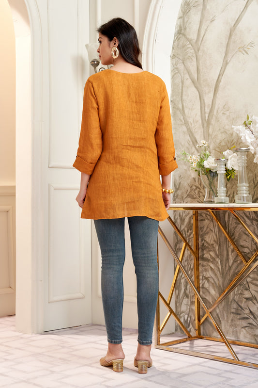Hand woven linen tunic-top mustard yellow