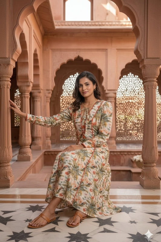 Green animal & floral print midi dress