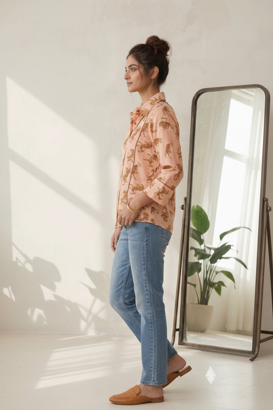 Peach tiger print cotton shirt