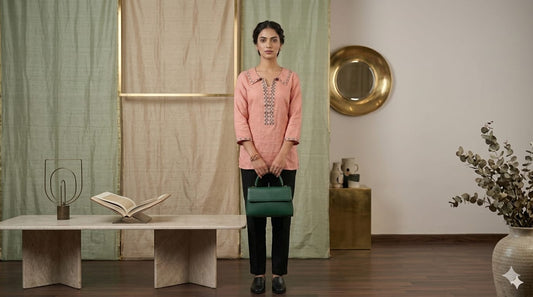Candy pink organic linen top with multicolour embroidery.